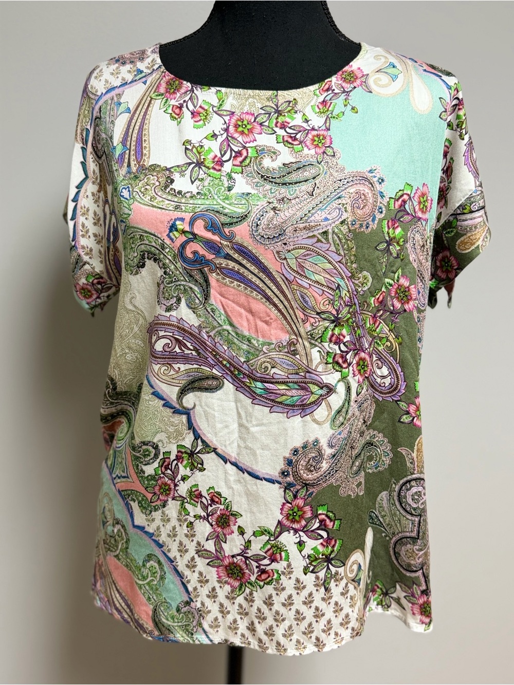 Peter Hahn Viscose Paisley Floral Short Sleeve Blouse Top Multi-Color Medium 8